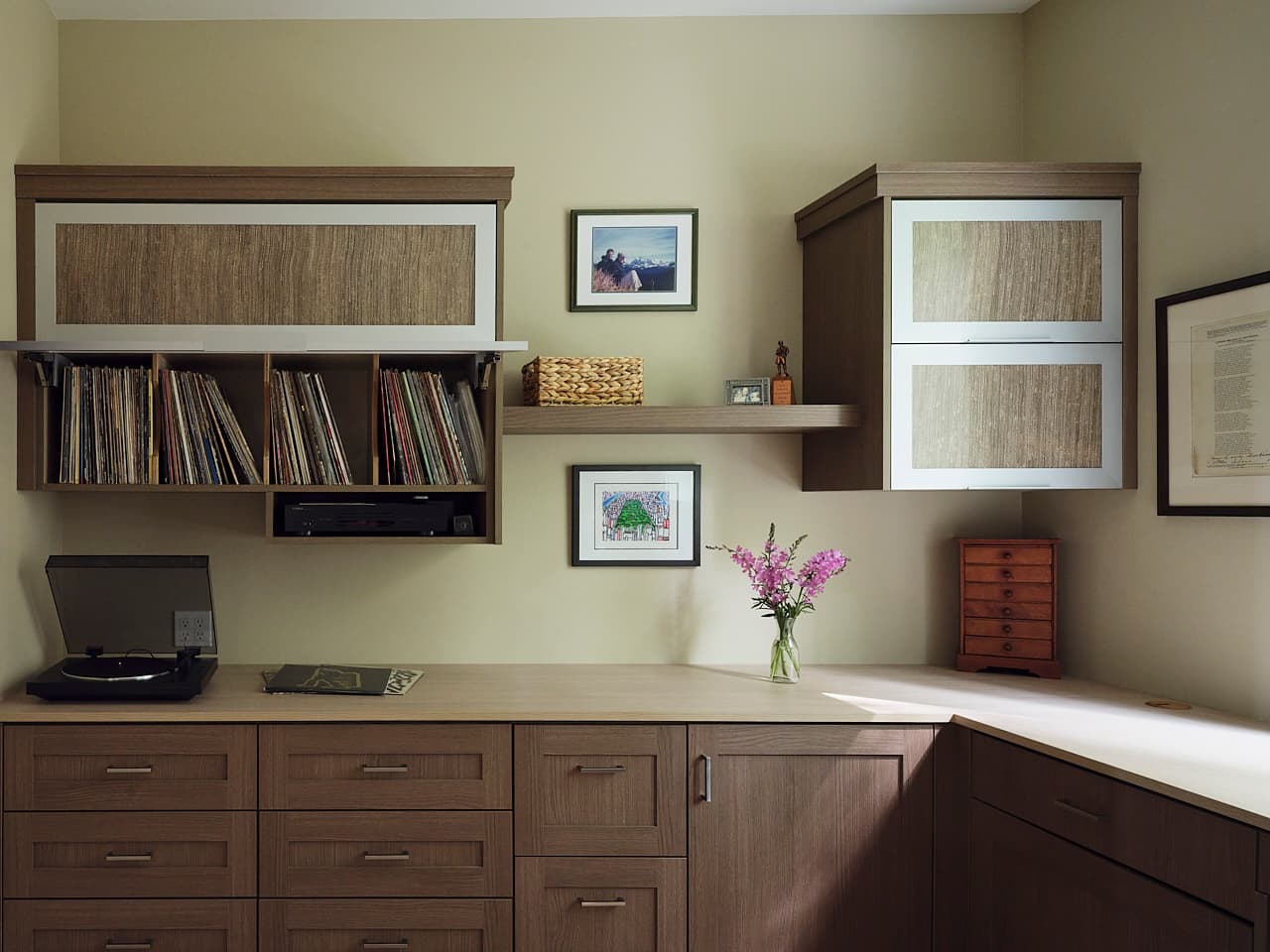 cabinetry with books and flowers
